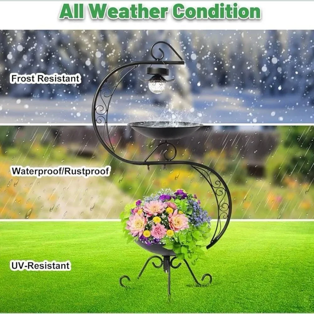 Solar Bird Bath for Outside, 36" Metal Planter, Weatherproof, Garden Decor - Picture 3 of 5